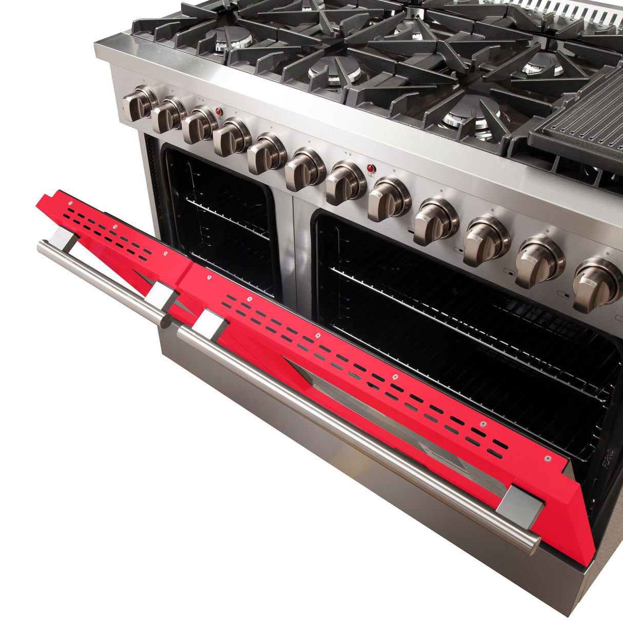 Forno Galiano 48-Inch Freestanding Dual Fuel Range, Double Convection Ovens, Red Doors