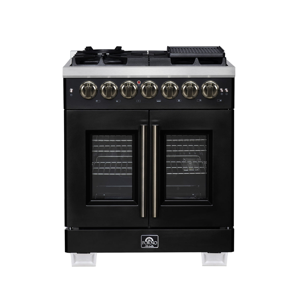 Forno Capriasca Freestanding French Door Dual Fuel Range with Antique Brass Accessories, True Convection Oven