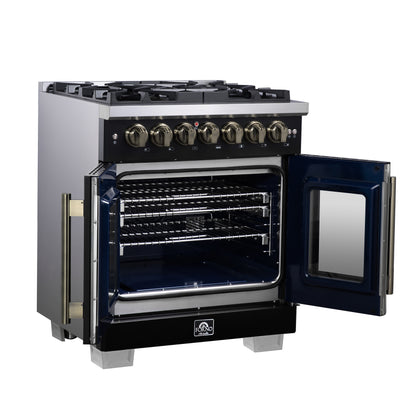 Forno Capriasca Freestanding French Door Dual Fuel Range with Antique Brass Accessories, True Convection Oven