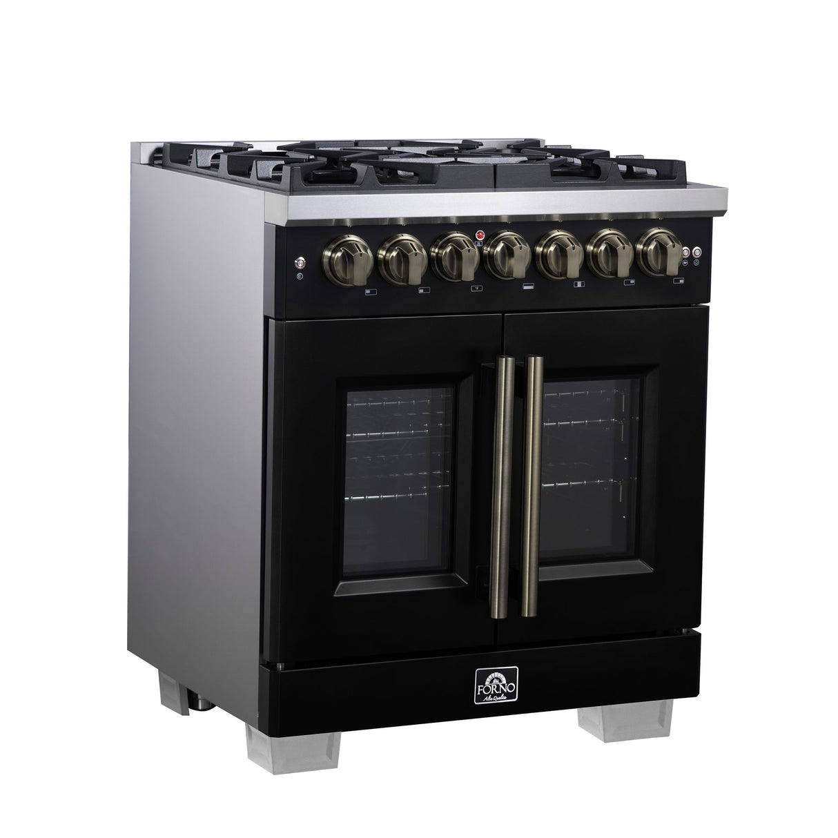 Forno Capriasca Freestanding French Door Dual Fuel Range with Antique Brass Accessories, True Convection Oven