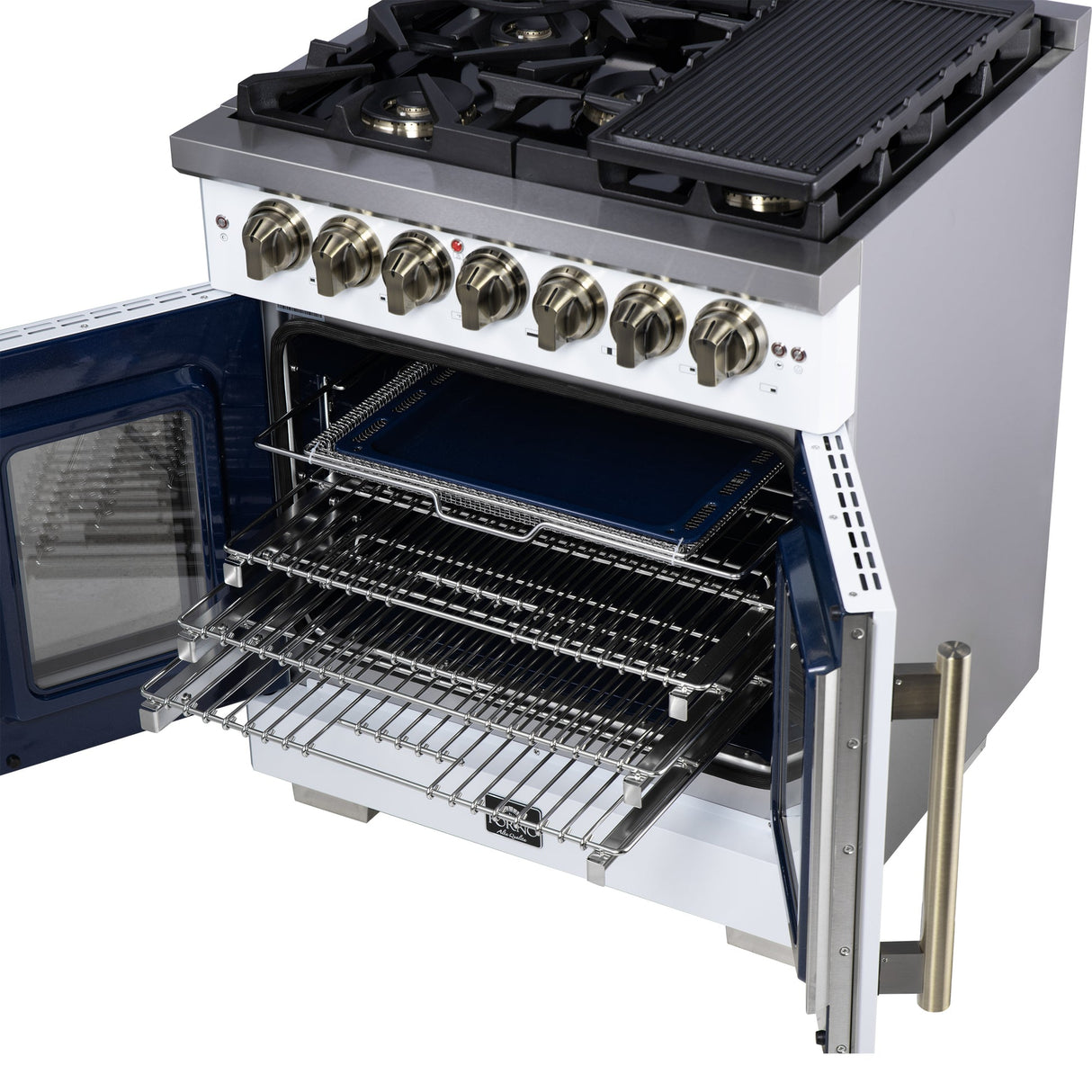 Forno Capriasca Freestanding French Door Dual Fuel Range with Antique Brass Accessories, True Convection Oven