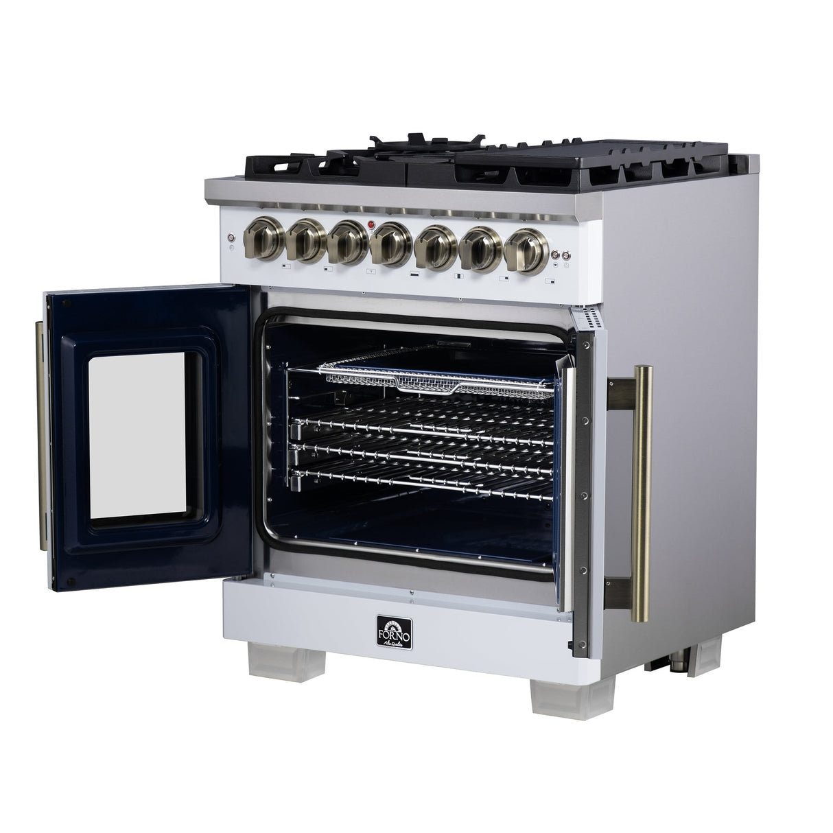 Forno Capriasca Freestanding French Door Dual Fuel Range with Antique Brass Accessories, True Convection Oven
