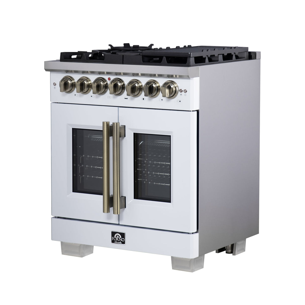 Forno Capriasca Freestanding French Door Dual Fuel Range with Antique Brass Accessories, True Convection Oven