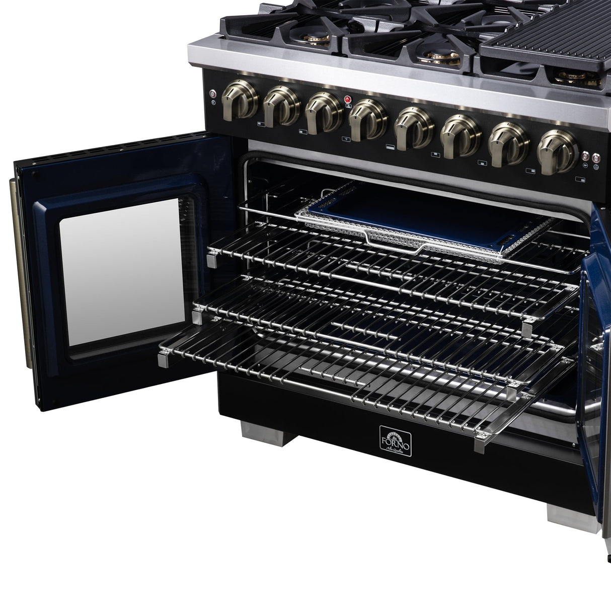Forno Capriasca Freestanding French Door Dual Fuel Range with Antique Brass Accessories, True Convection Oven