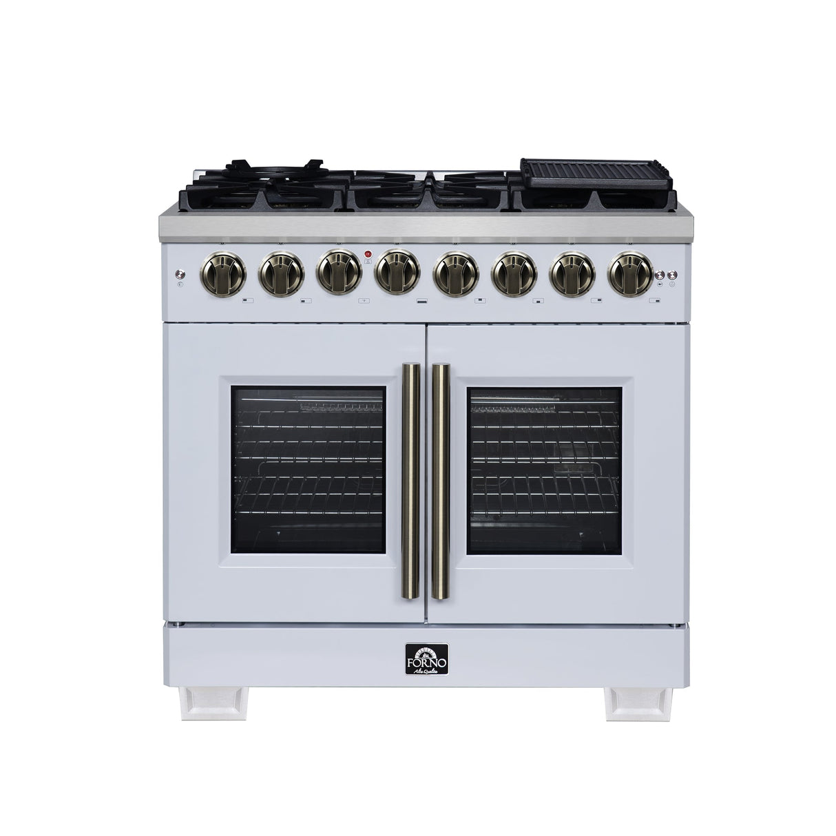 Forno Capriasca Freestanding French Door Dual Fuel Range with Antique Brass Accessories, True Convection Oven