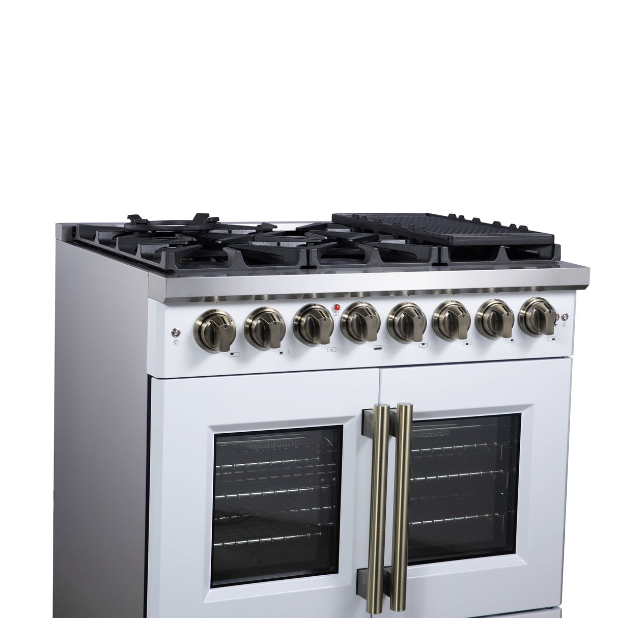 Forno Capriasca Freestanding French Door Dual Fuel Range with Antique Brass Accessories, True Convection Oven