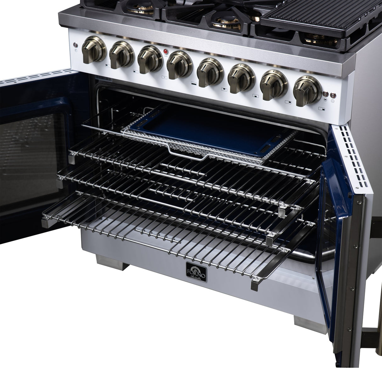Forno Capriasca Freestanding French Door Dual Fuel Range with Antique Brass Accessories, True Convection Oven