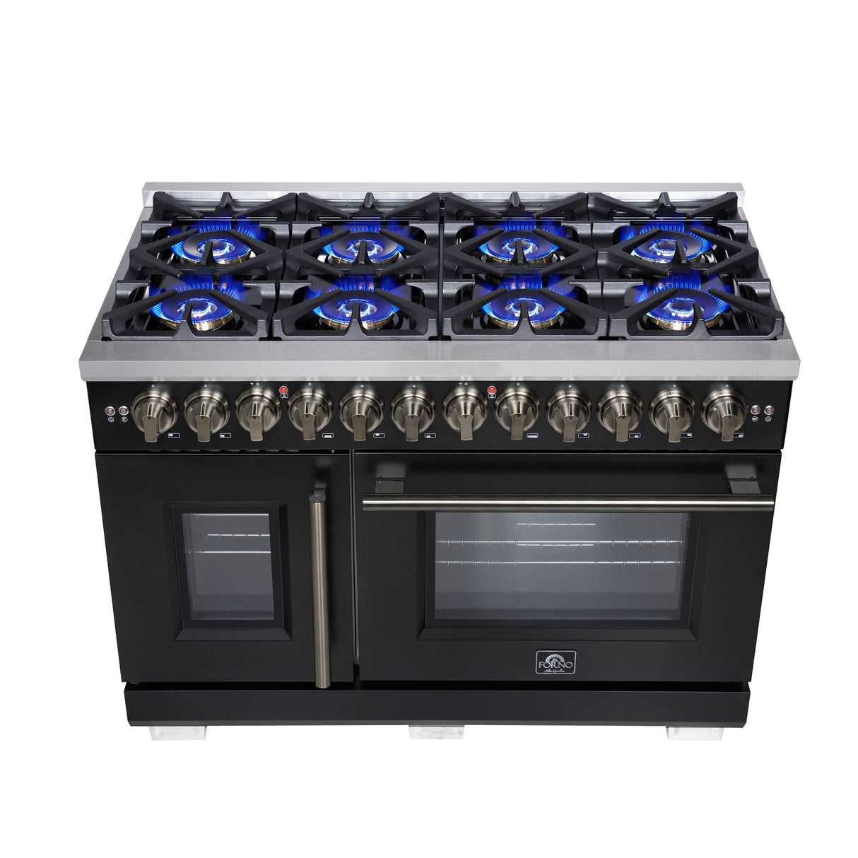Forno Capriasca Freestanding French Door Dual Fuel Range with Antique Brass Accessories, True Convection Oven