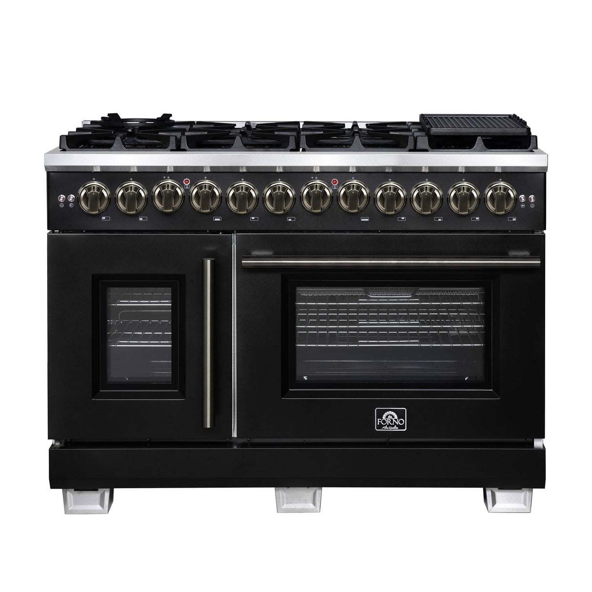 Forno Capriasca Freestanding French Door Dual Fuel Range with Antique Brass Accessories, True Convection Oven