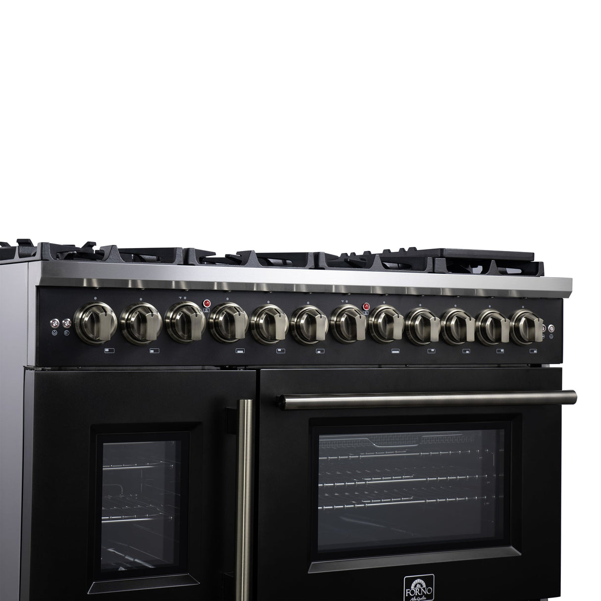 Forno Capriasca Freestanding French Door Dual Fuel Range with Antique Brass Accessories, True Convection Oven