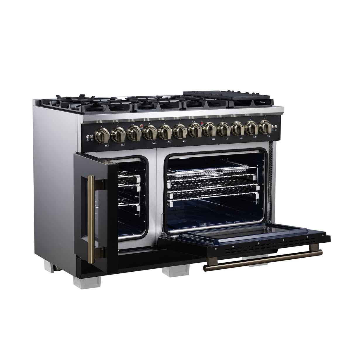 Forno Capriasca Freestanding French Door Dual Fuel Range with Antique Brass Accessories, True Convection Oven