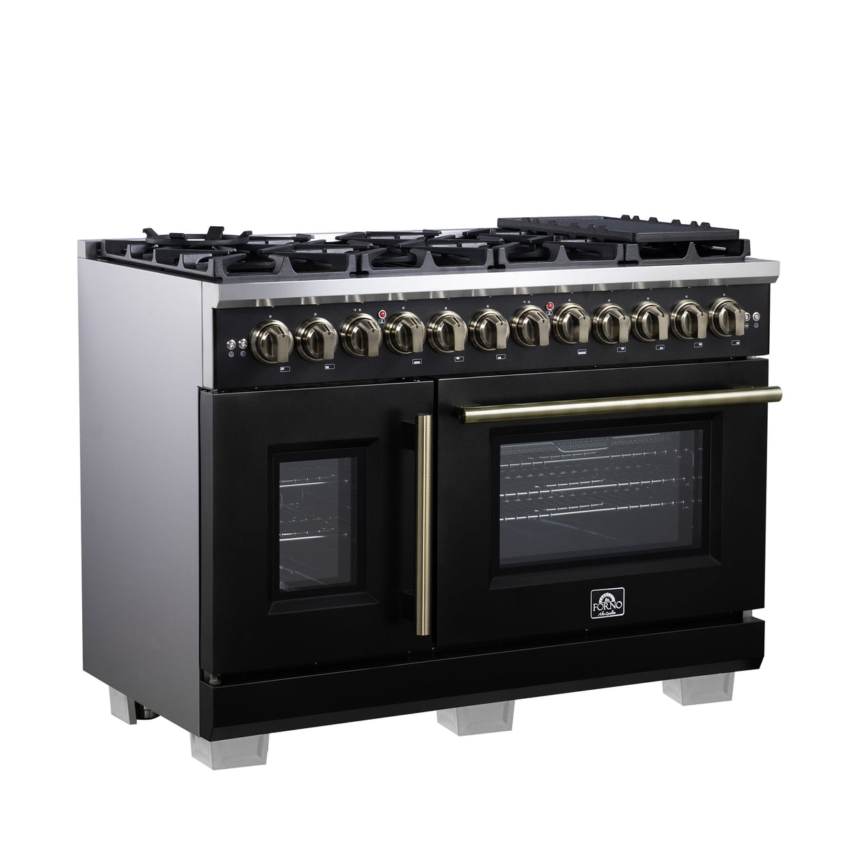 Forno Capriasca Freestanding French Door Dual Fuel Range with Antique Brass Accessories, True Convection Oven