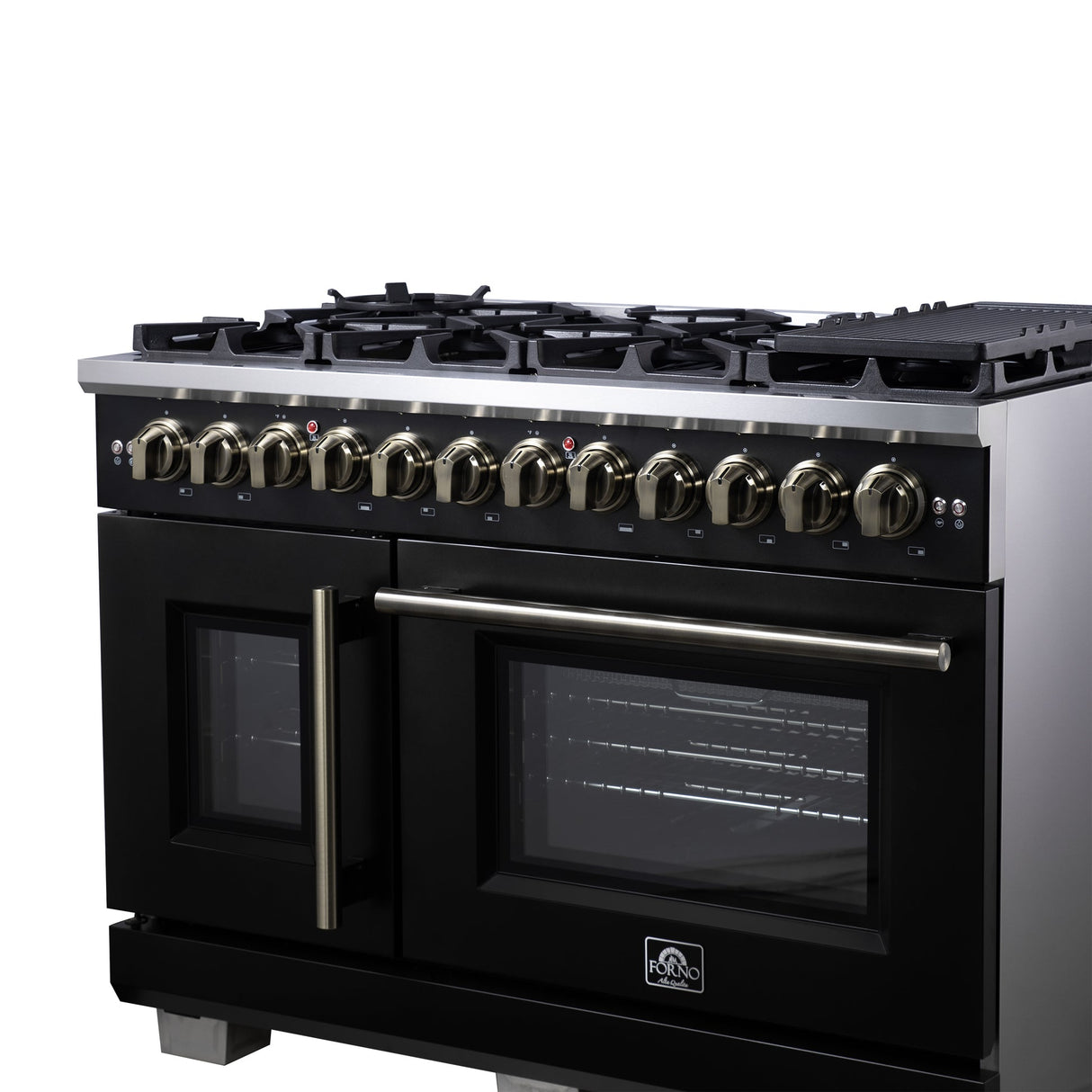 Forno Capriasca Freestanding French Door Dual Fuel Range with Antique Brass Accessories, True Convection Oven