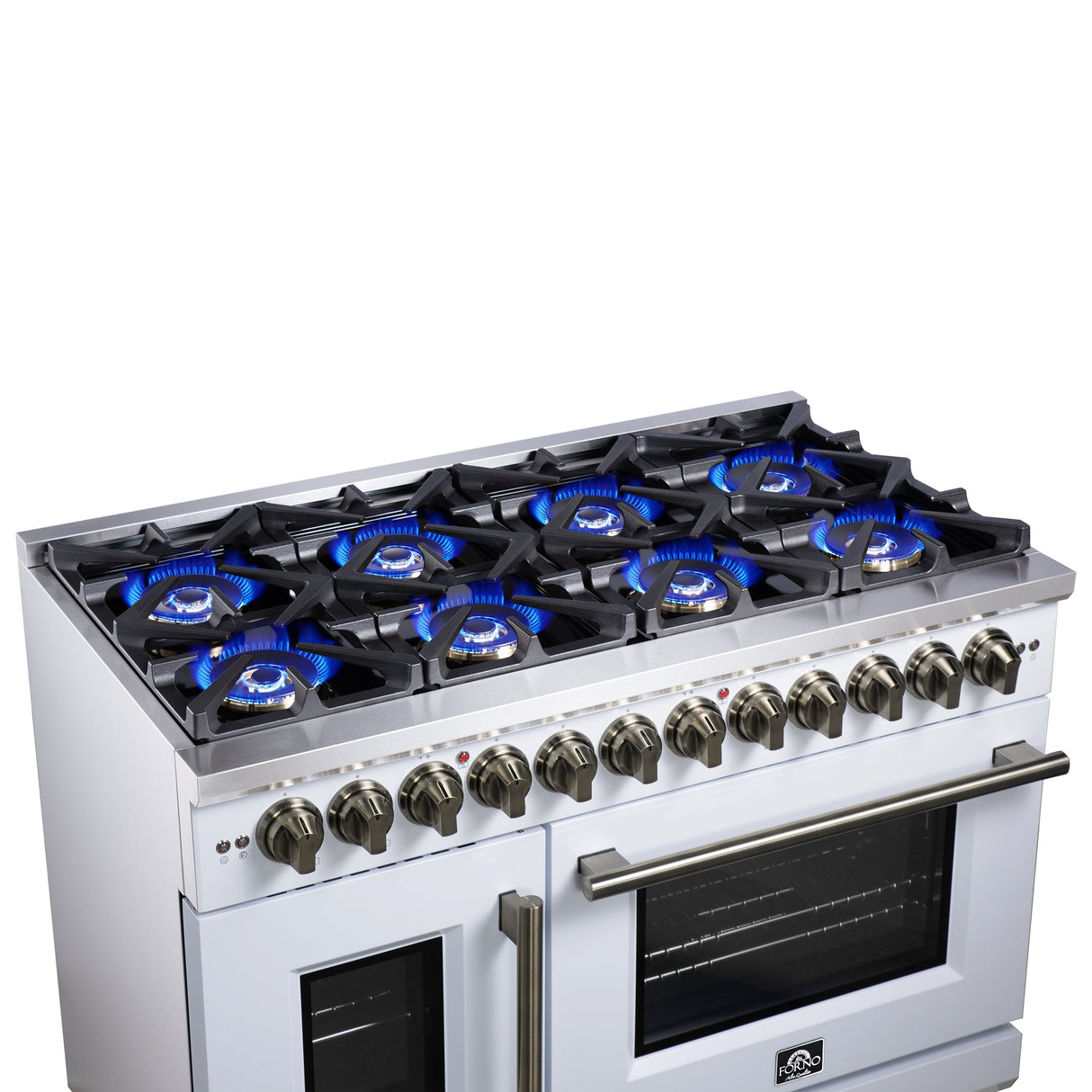 Forno Capriasca Freestanding French Door Dual Fuel Range with Antique Brass Accessories, True Convection Oven