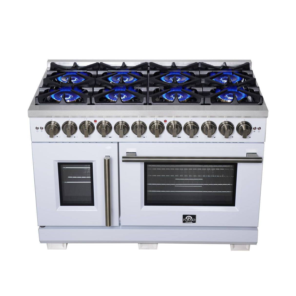 Forno Capriasca Freestanding French Door Dual Fuel Range with Antique Brass Accessories, True Convection Oven
