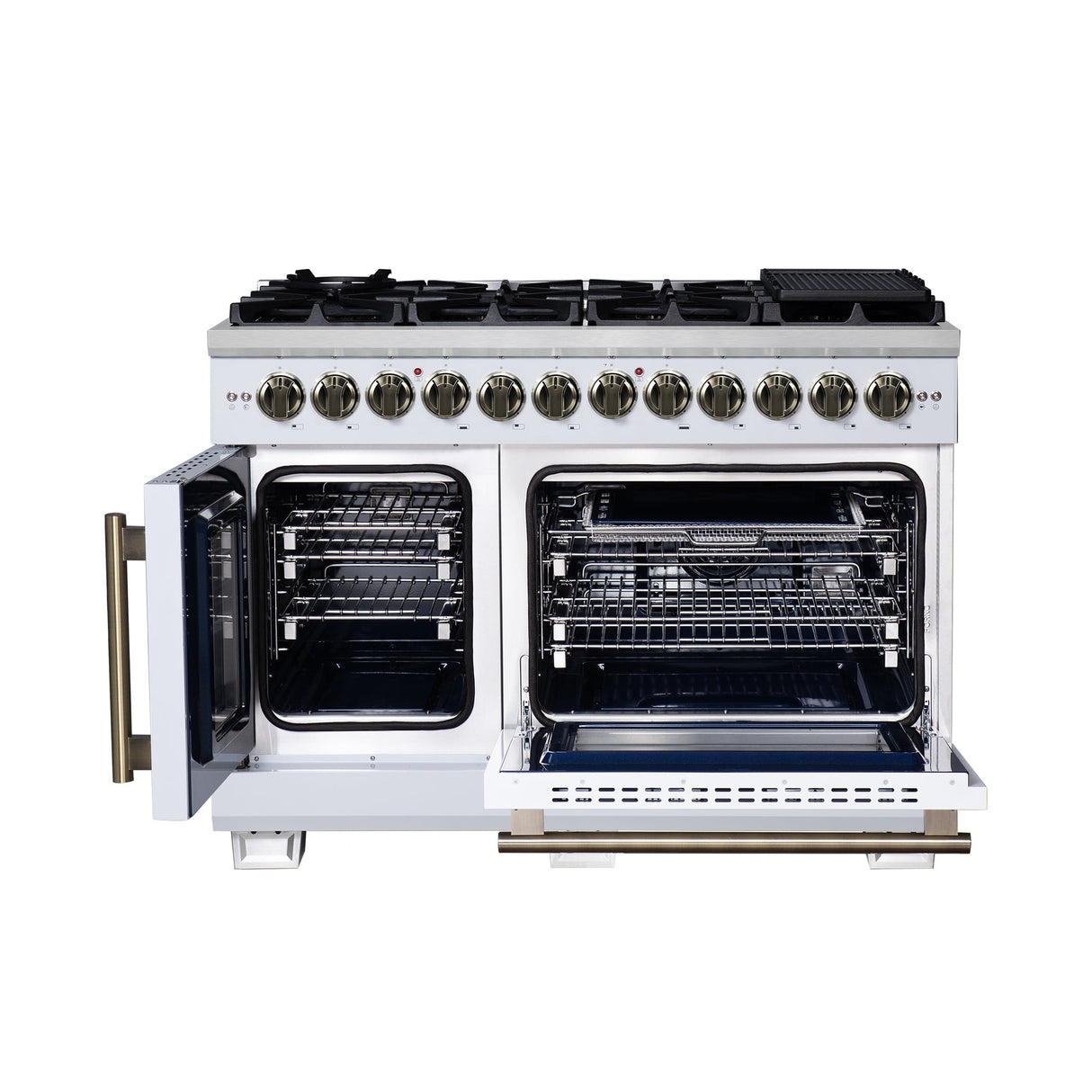 Forno Capriasca Freestanding French Door Dual Fuel Range with Antique Brass Accessories, True Convection Oven
