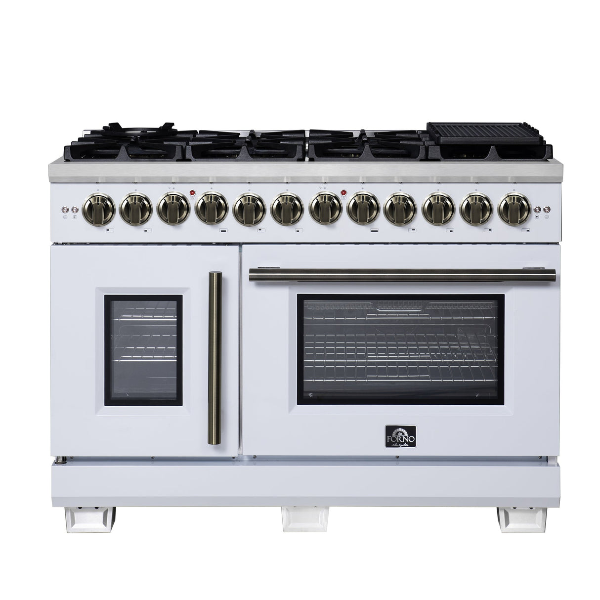 Forno Capriasca Freestanding French Door Dual Fuel Range with Antique Brass Accessories, True Convection Oven