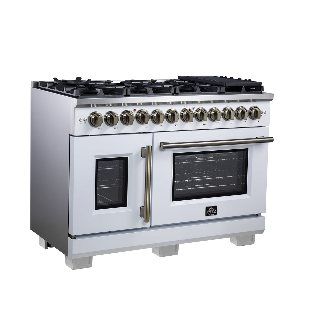 Forno Capriasca Freestanding French Door Dual Fuel Range with Antique Brass Accessories, True Convection Oven