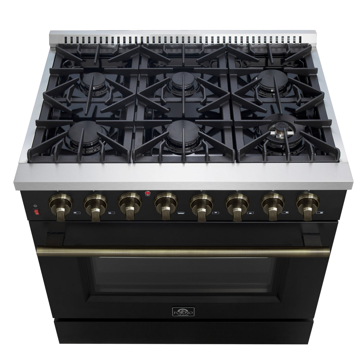 Forno Galiano Dual Fuel Range with Antique Brass Design, True Convection Oven