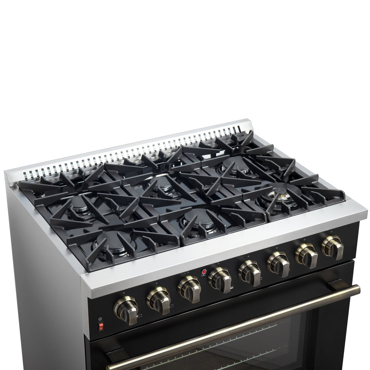 Forno Galiano Dual Fuel Range with Antique Brass Design, True Convection Oven