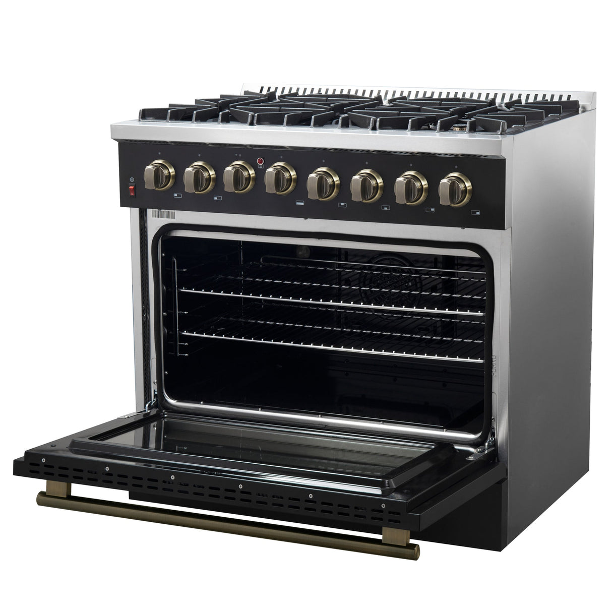 Forno Galiano Dual Fuel Range with Antique Brass Design, True Convection Oven