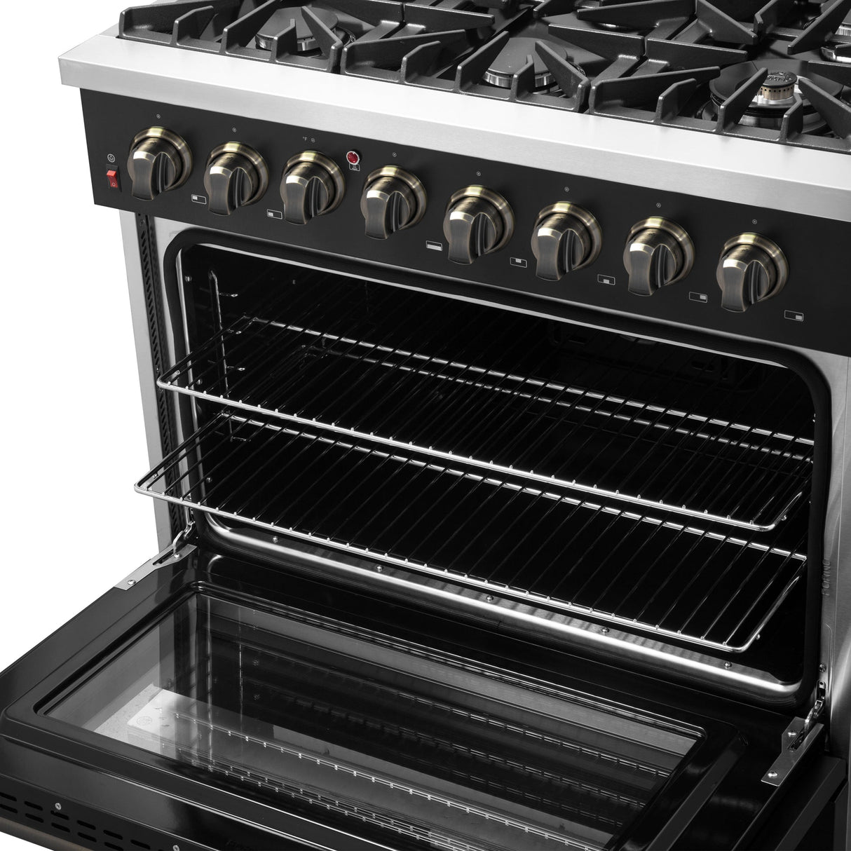 Forno Galiano Dual Fuel Range with Antique Brass Design, True Convection Oven