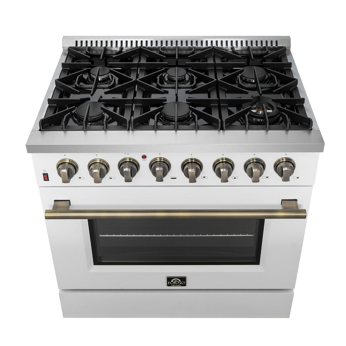 Forno Galiano Dual Fuel Range with Antique Brass Design, True Convection Oven