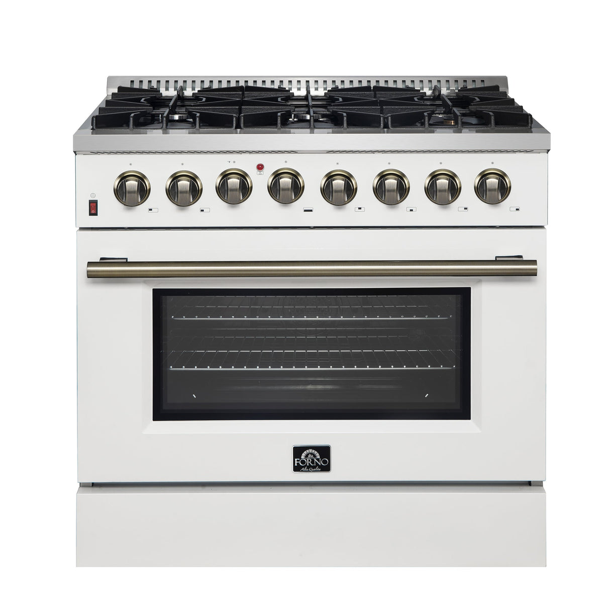 Forno Galiano Dual Fuel Range with Antique Brass Design, True Convection Oven