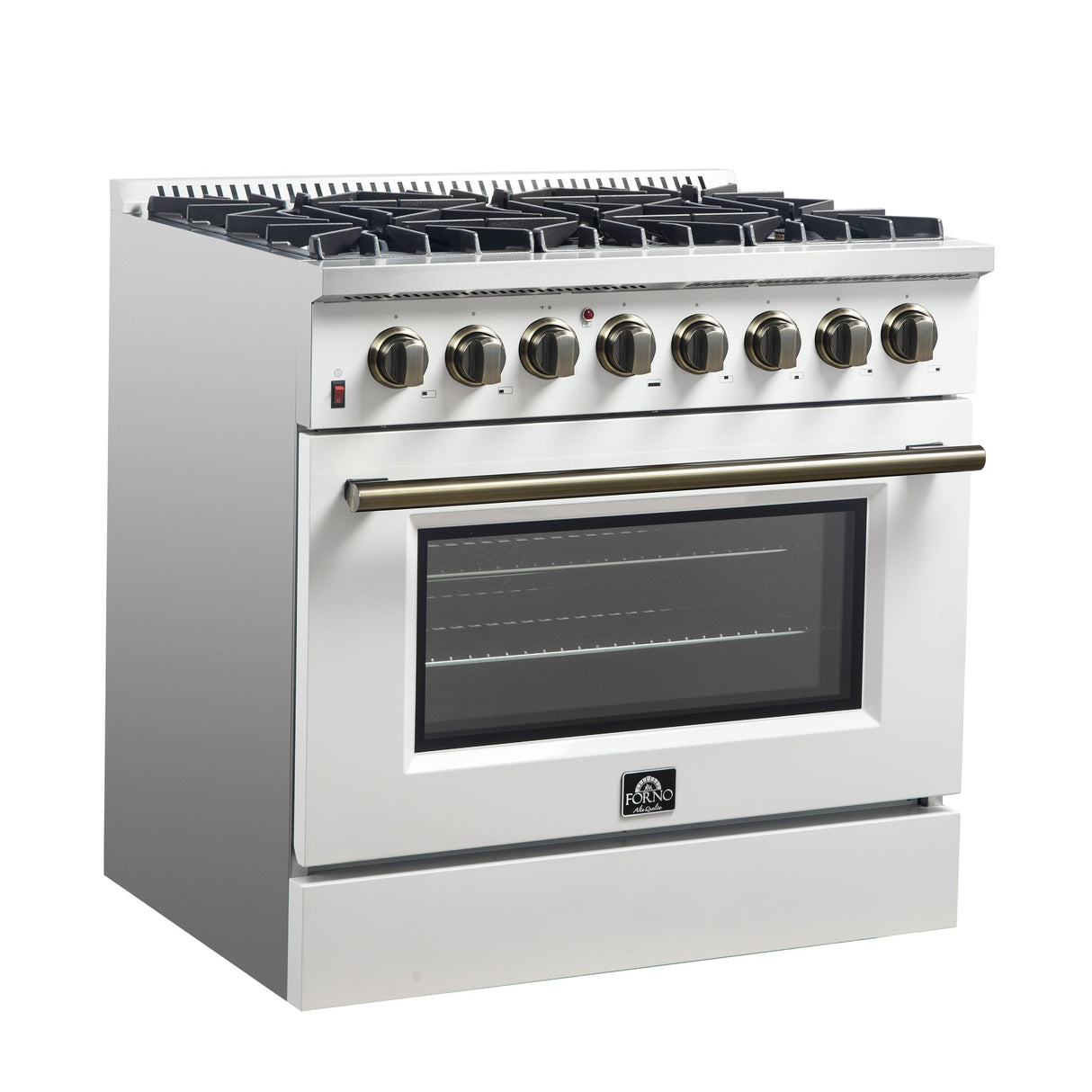 Forno Galiano Dual Fuel Range with Antique Brass Design, True Convection Oven