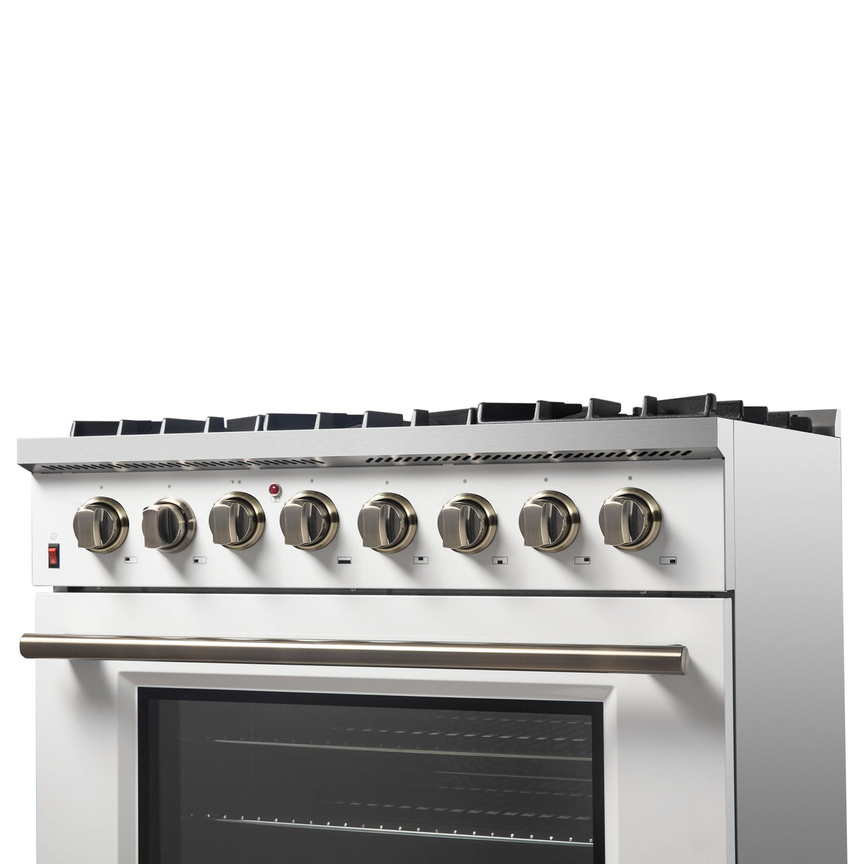 Forno Galiano Dual Fuel Range with Antique Brass Design, True Convection Oven