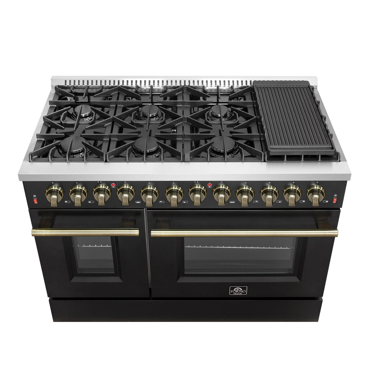 Forno Galiano Dual Fuel Range with Antique Brass Design, True Convection Oven