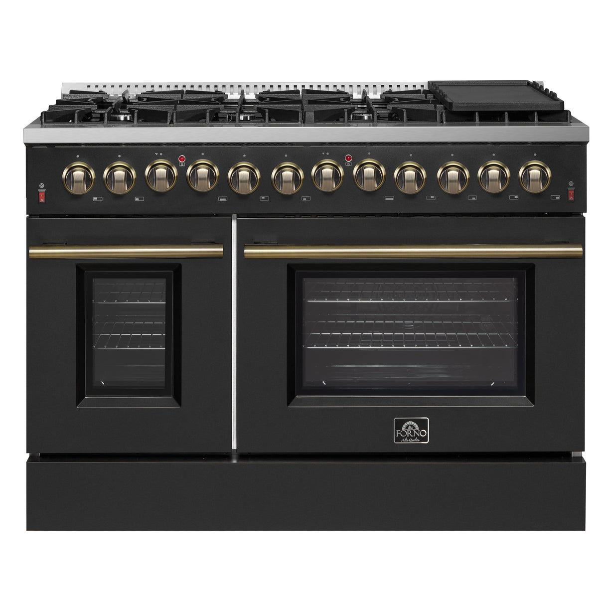 Forno Galiano Dual Fuel Range with Antique Brass Design, True Convection Oven