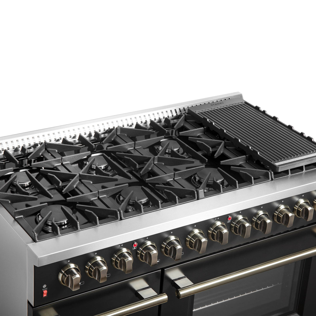 Forno Galiano Dual Fuel Range with Antique Brass Design, True Convection Oven