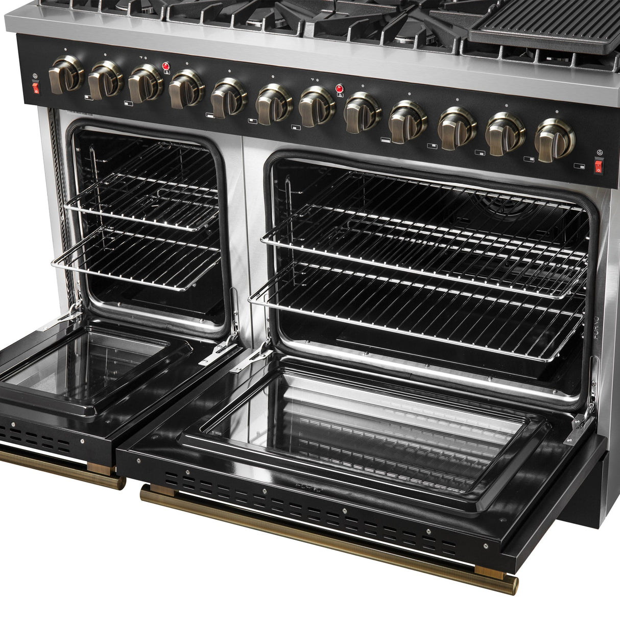 Forno Galiano Dual Fuel Range with Antique Brass Design, True Convection Oven