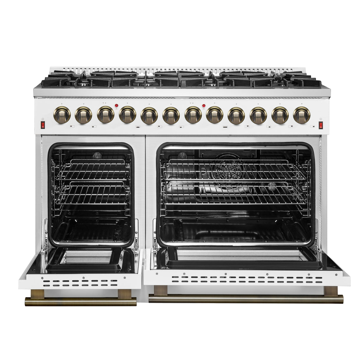Forno Galiano Dual Fuel Range with Antique Brass Design, True Convection Oven