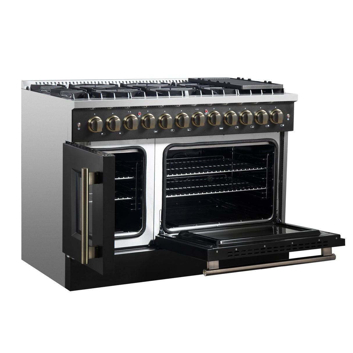 Forno Galiano 48-inch French Door Dual Fuel Range, with Antique Brass Design, 8 Sealed Burners - 107,000 BTU, Griddle, 6.58 cu.ft. Double Ovens