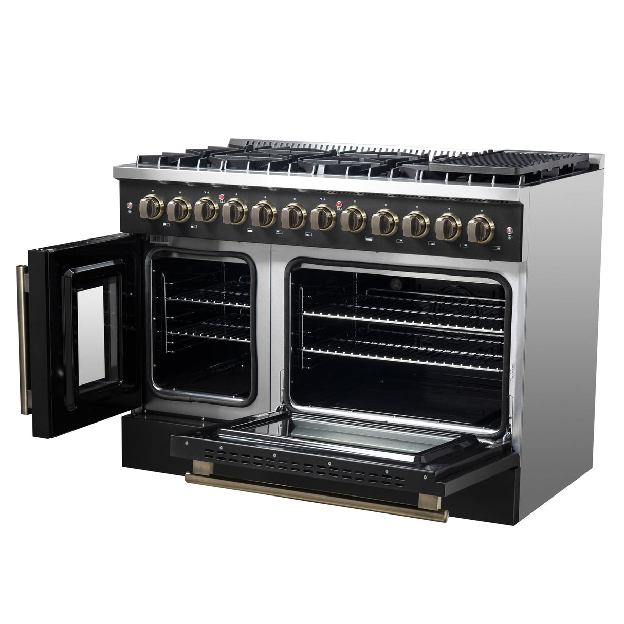 Forno Galiano 48-inch French Door Dual Fuel Range, with Antique Brass Design, 8 Sealed Burners - 107,000 BTU, Griddle, 6.58 cu.ft. Double Ovens