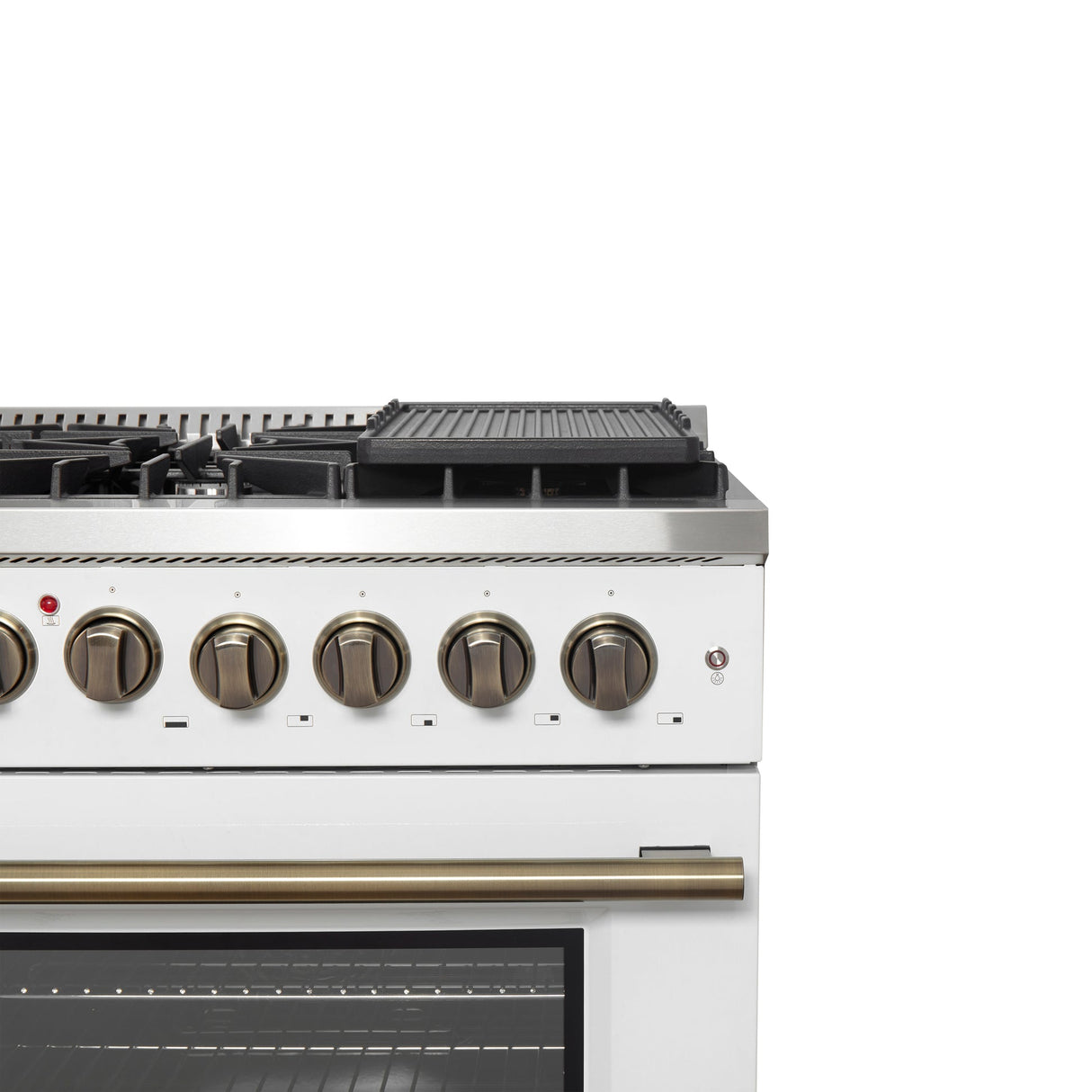 Forno Galiano 48-inch French Door Dual Fuel Range, with Antique Brass Design, 8 Sealed Burners - 107,000 BTU, Griddle, 6.58 cu.ft. Double Ovens