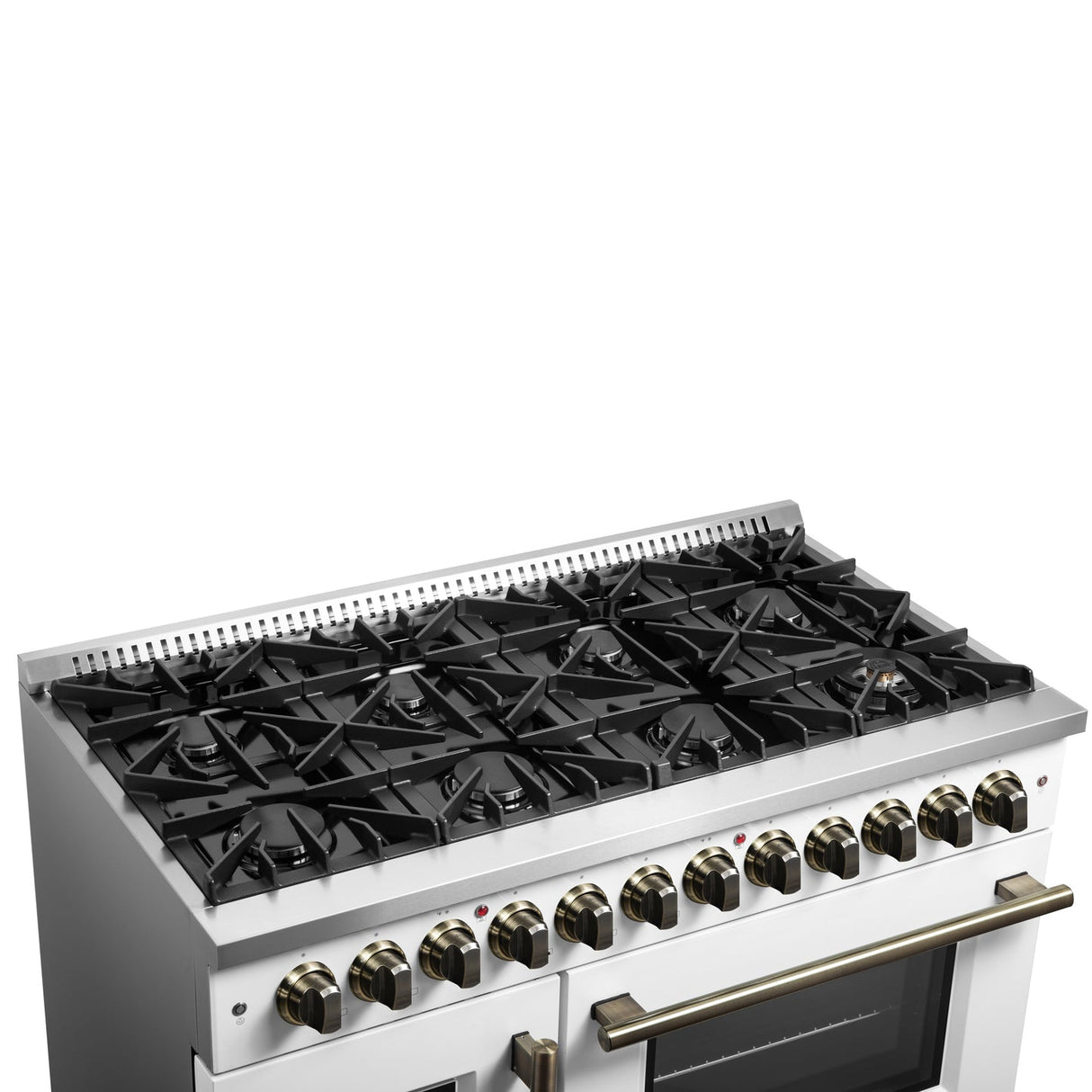 Forno Galiano 48-inch French Door Dual Fuel Range, with Antique Brass Design, 8 Sealed Burners - 107,000 BTU, Griddle, 6.58 cu.ft. Double Ovens