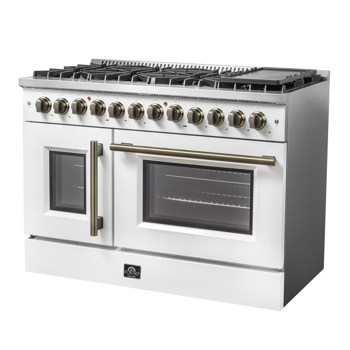 Forno Galiano 48-inch French Door Dual Fuel Range, with Antique Brass Design, 8 Sealed Burners - 107,000 BTU, Griddle, 6.58 cu.ft. Double Ovens