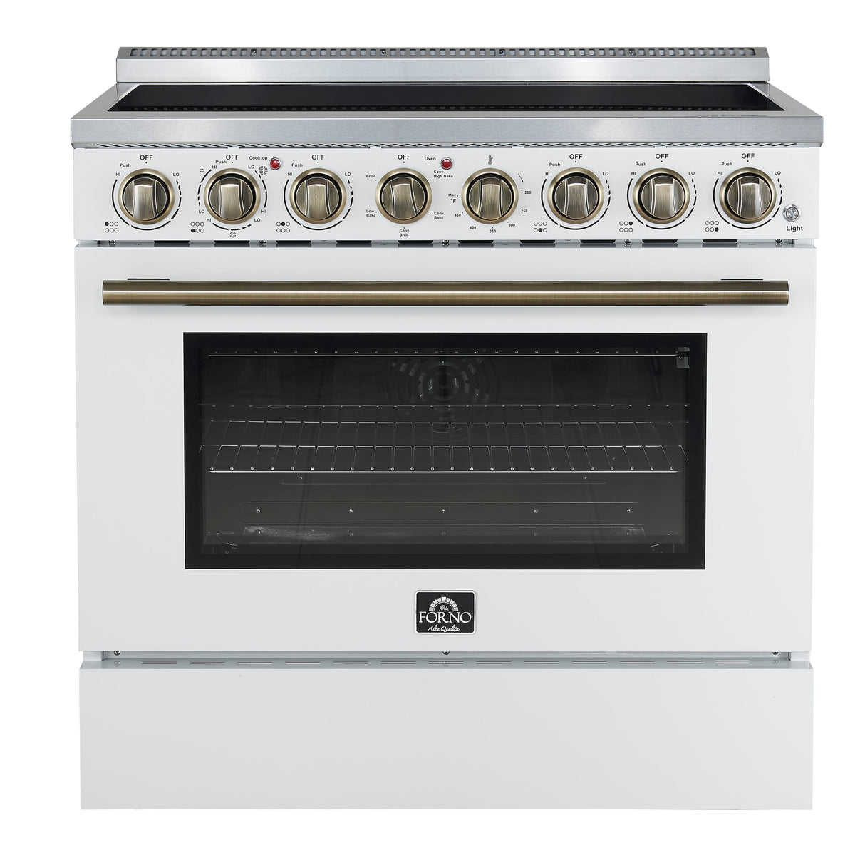 Forno Paolo Freestanding Electric Range with Antique Brass, True Convection Oven, Energy Efficient