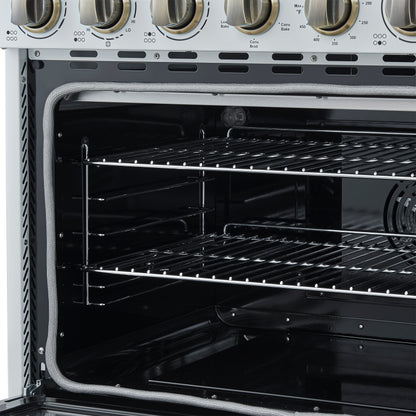Forno Paolo Freestanding Electric Range with Antique Brass, True Convection Oven, Energy Efficient