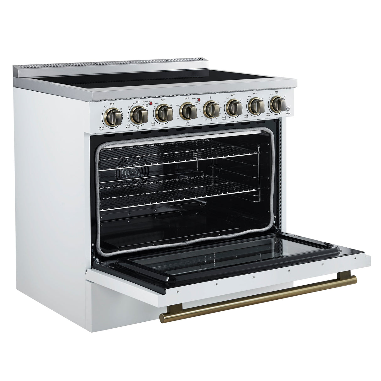 Forno Paolo Freestanding Electric Range with Antique Brass, True Convection Oven, Energy Efficient