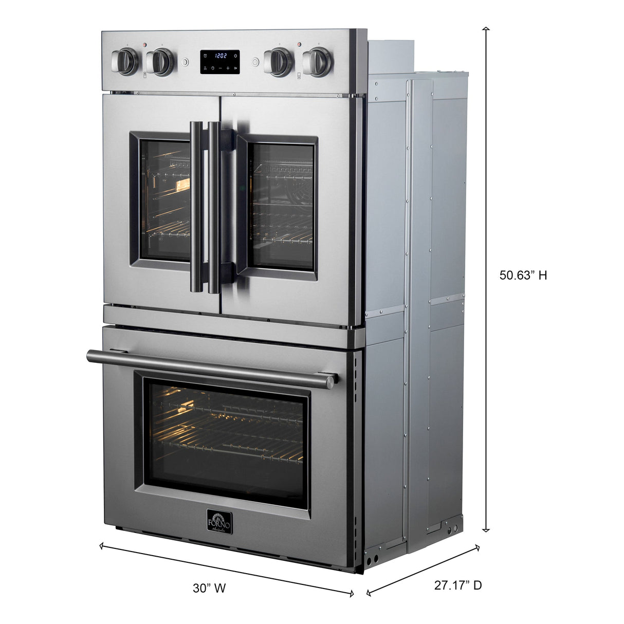 Forno Asti 30" Double Wall Oven – Stainless Steel with Upper French Doors, 7.36 cu.ft, 7200W Dual Convection, Air Fry, Self-Clean