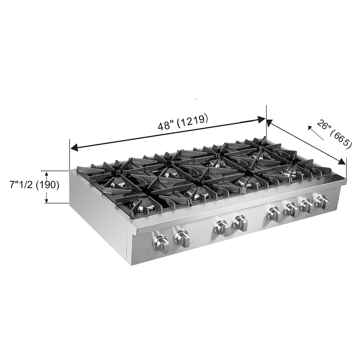 Forno Cossato Alta Qualita Pro-Style Gas Rangetop, Stainless Steel, Continuous Cast Iron Grates