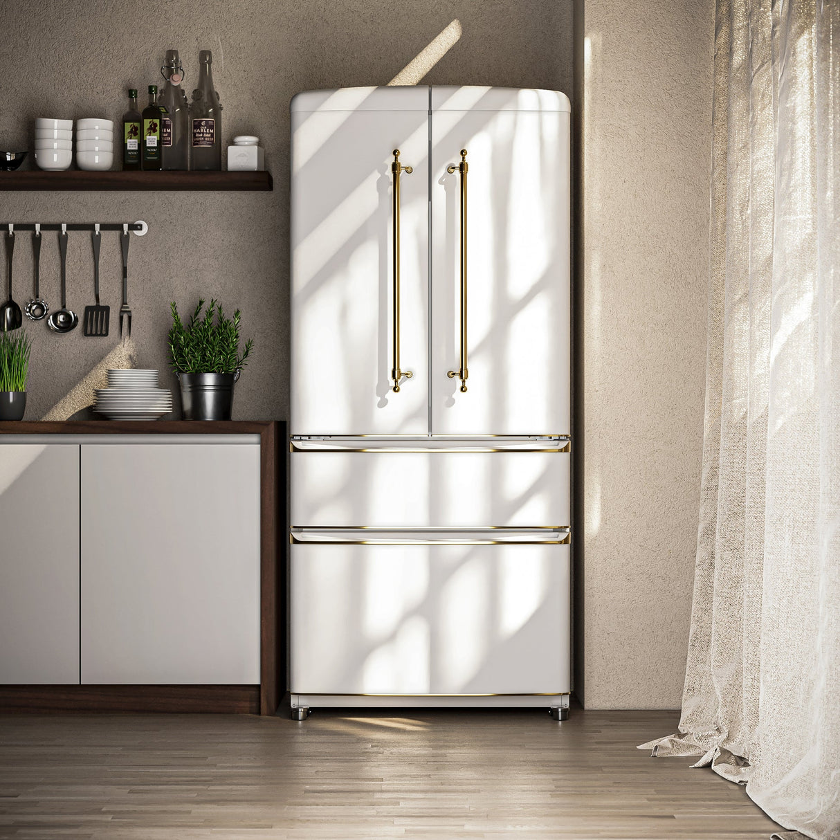 Forno Luigi 33-Inch French Door Refrigerator, 18 cu.ft, Antique Brass Handles, ENERGY STAR Certified