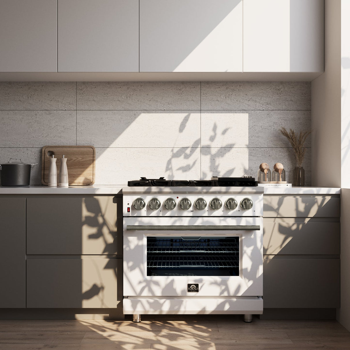 Forno Massimo Freestanding Dual Fuel Range with Antique Brass Accessories, Convection Oven