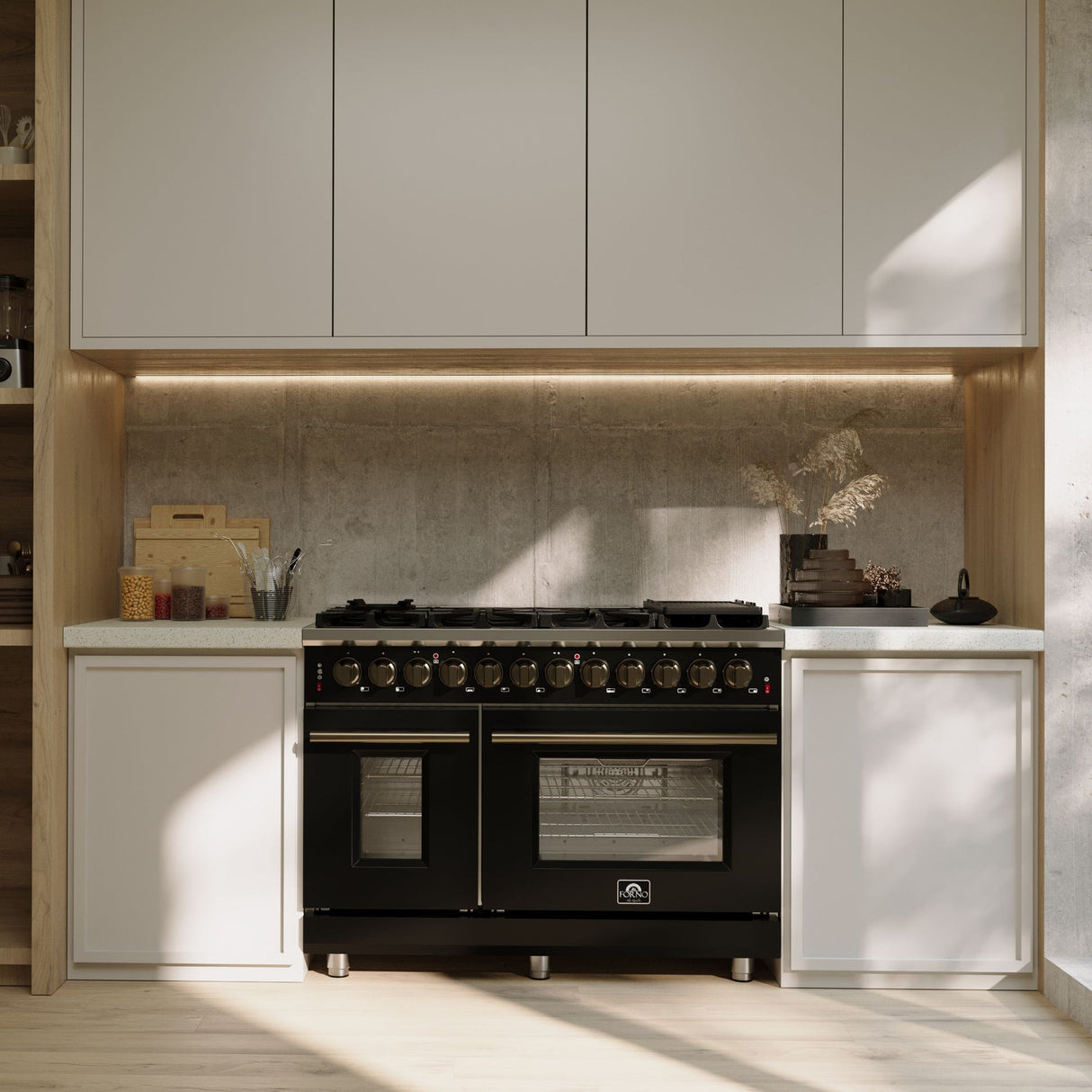 Forno Massimo Freestanding Dual Fuel Range with Antique Brass Accessories, Convection Oven