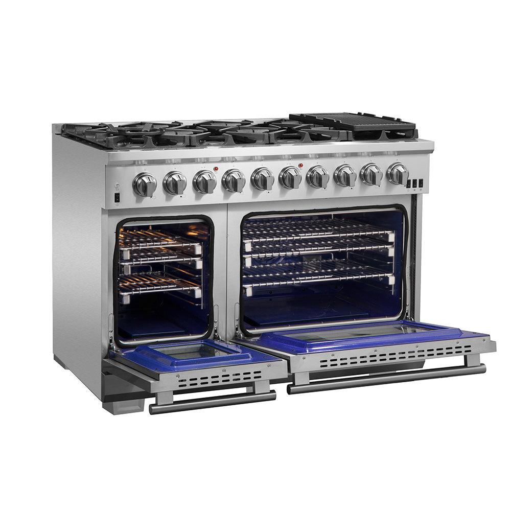 Forno Capriasca 48-inch Gas Range Stainless Steel, 8 Brass Burners, 6.58 cu.ft. Double Oven