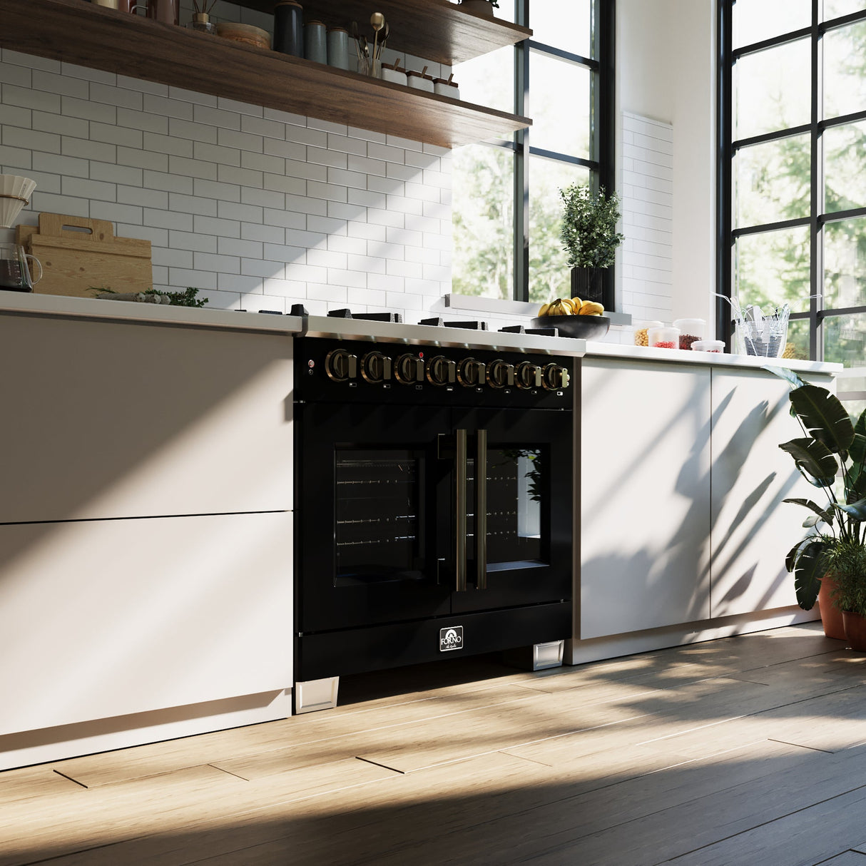 Forno Capriasca Freestanding French Door Dual Fuel Range with Antique Brass Accessories, True Convection Oven